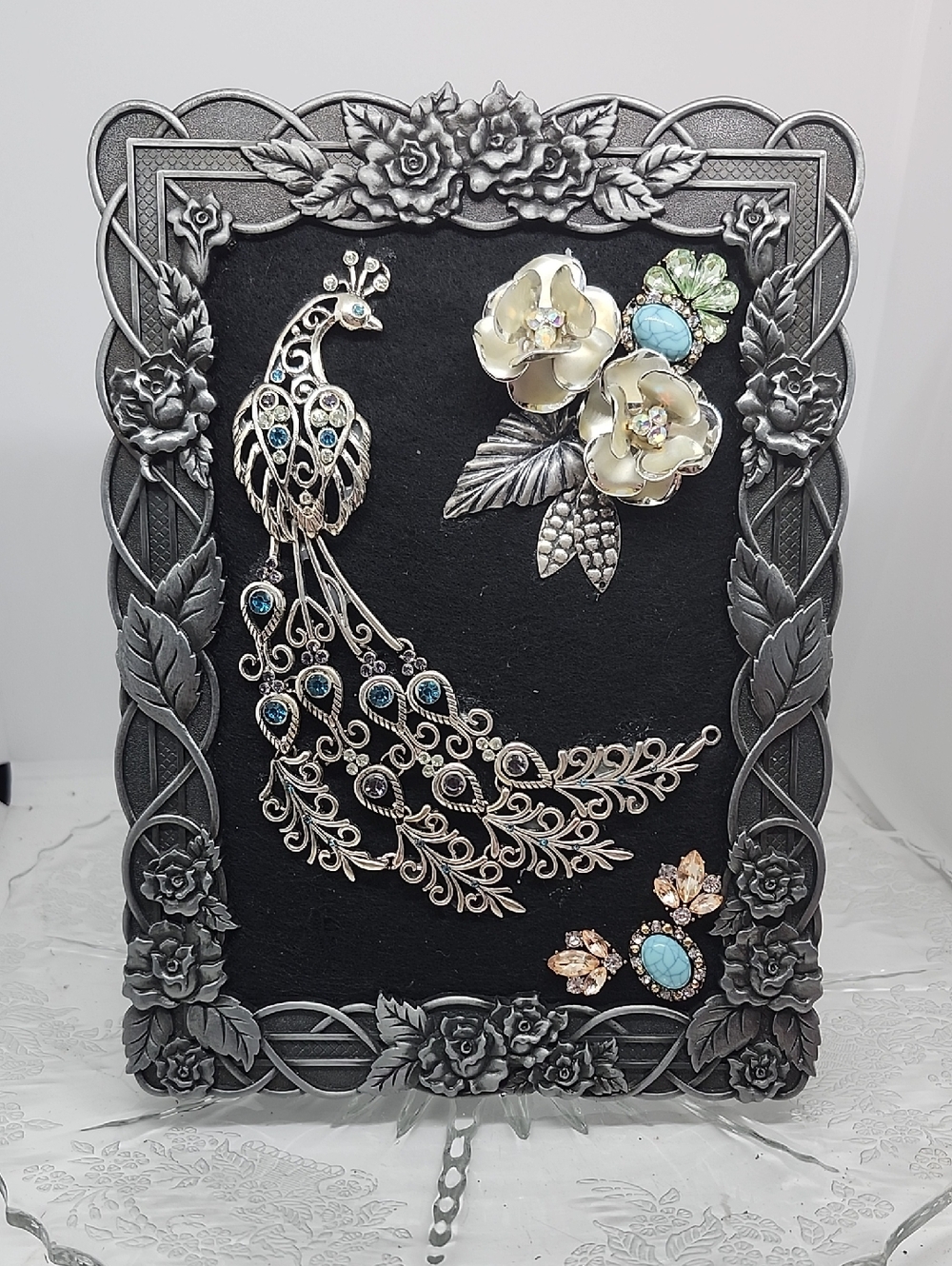Silver Peacock & Floral Cluster Accents Jewerly Art